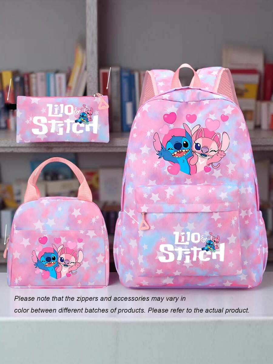 3pcs Stitch Style Nylon Backpack Set, Adjustable Shoulder Strap, Zipper Closure, Laptop Compartment, Including Handbag And Pencil Case, Lightweight Large Capacity, Washable, Suitable For Daily Commute, School, Travel - Multicolor - View 1