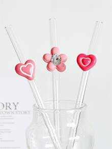 Pink Butterfly, Flower, Heart Shaped Glass Straws, Reusable Transparent Straws For Smoothie, Milk Tea, Juice, Cocktail, Cold Drinks, Party - Pink Bow Straw - View 4
