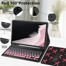 四合一键盘保护套，兼容三星 Galaxy Tab 和 iPad、Redm iPad SE，包含可拆卸无线蓝牙键盘（150mAh）和鼠标，平板电脑保护套带笔槽（黑色和粉色渐变） - 黑粉漸變 - 查看 3