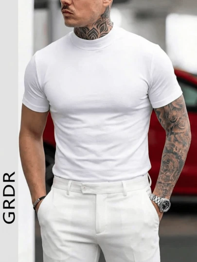 GRDR 男士高领短袖T恤，舒适透气，适合户外休闲和运动