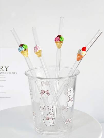 Cartoon Ice Cream Shaped Reusable Glass Straws, Transparent Smoothie, Bubble Tea, Juice, Milk, Cocktail Cold Drink Party Colored Bent Glass Straws