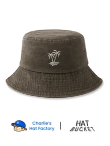 Unisex Vintage Washed Bucket Hat - Minimalist Twin Palm Tree Embroidery - Available In Multi Earth Tones - Soft Texture Packable Sun Cap For Summer Beach & Vacation - Palm Trees - View 11