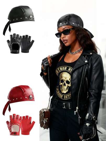 女士朋克风骷髅头巾 - 黑色铆钉仿皮头带，金属饰边，可调节机车头巾，适合摩托车和嘻哈时尚 + 时尚露指皮手套 - 机车朋克手套，适合万圣节、女性、女孩、角色扮演和表演，Y2K风格