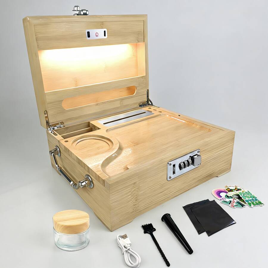 Upgraded Premium Large Bamboo Box With LED Light - Locking Storage Decorative Box With Combination Lock - Wood Kit With Lid - Wooden Locking Storage With Removable Tray And Jars- Natural Wood - Natural Wood - 查看 1
