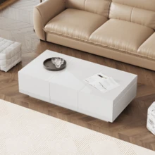 Coffee Table, High-Gloss Living Room Table With Push-Pull Storage Structure, Double-Sided Drawers - White + Particle Board - View 7