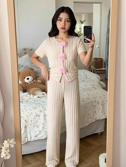 2pcs/Set Fashionable Casual Ribbed Solid Color Girls Pajamas, Decorated With Chiffon Flowers, Comfortable & Elegant, Spring/Summer Set