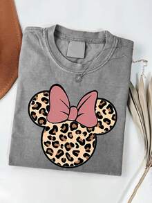 Disney Official Authorization | Mickey Mouse Leopard Print T-Shirt For Men And Women-Casual Short Sleeves-Opaque Fabric With Pink Bow Design-Machine Washable-Suitable For Summer Wear. - 灰色 - 查看 1