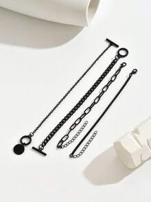 4pcs/Set Punk Metal Style Hollow Chain & Disc Pendant Bracelet (Special Material, Avoid Contact With Water) - Black - View 3