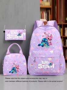 3pcs Stitch Style Nylon Backpack Set, Adjustable Shoulder Strap, Zipper Closure, Laptop Compartment, Including Handbag And Pencil Case, Lightweight Large Capacity, Washable, Suitable For Daily Commute, School, Travel - Multicolor - View 3
