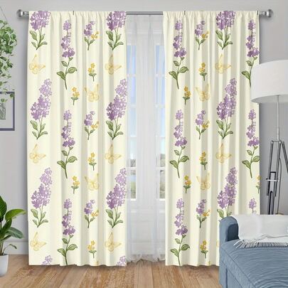 2PCS Purple Lavender Printed Curtains, Heat-Insulating Curtains For Bedrooms, Polyester Machine Washable, Bedroom, Living Room, Kitchen Decoration, Birthday Gifts, Apartment Balcony Curtains (Excluding Curtain Rods)