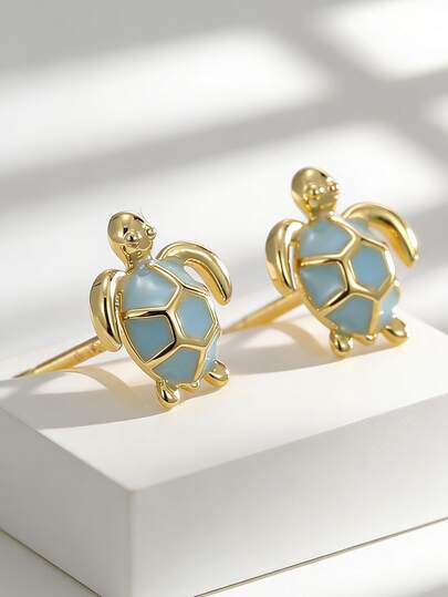 Women's Gold-Plated Sea Turtle Stud Earrings, Blue Enamel, Cute Minimalist Style, Suitable For Daily Wear And Work, Great Gift For Animal Lovers & Fashion Enthusiasts