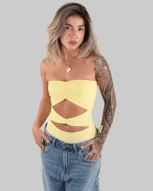 Strapless Cropped Top With Cutouts, Ruching, And A Cutout At The Stomach - Summer Style - 香草 - 查看 1