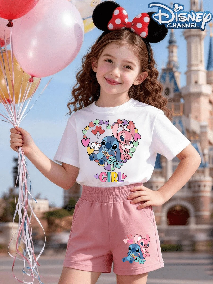 Disney Set, Stitch And Angel Printed T-Shirt And Shorts Combination, Short Sleeved Round Neck T-Shirt, Soft Fabric, Perfect Gift For Girls, Ideal Choice For Outdoor Activities, Disneyland Cartoon Style - White + Pink - View 1