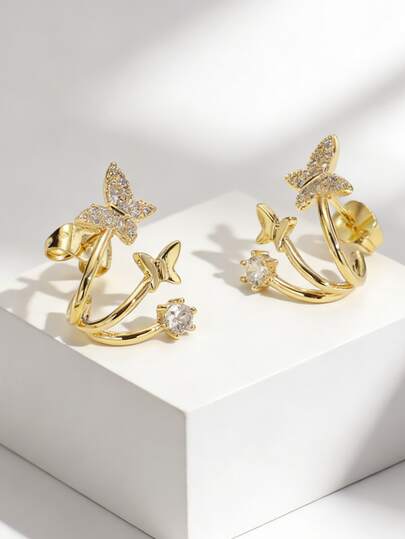 Women's Gold-Plated Multi-Layer Butterfly C-Shaped Earrings, Fully Inlaid With Cubic Zirconia And Round Zirconia Design, Minimalist Elegant Style, Suitable For Daily Commute And Workwear, An Ideal Gift For Fashion Enthusiasts