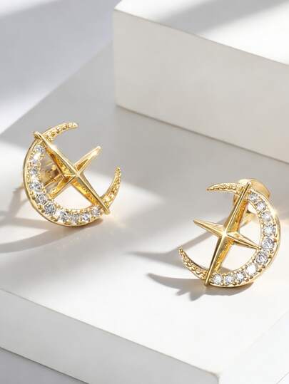 Women's Gold-Plated Star & Moon Stud Earrings, Fully Inlaid With Zirconia, Minimalist Elegant Design, Suitable For Daily Commute And Workwear, An Ideal Gift For Fashion Enthusiasts