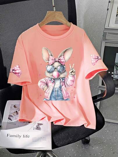 Teen GirlApparel, Cute Rabbit Print T-Shirt - Casual Loose Sporty Short Sleeve Tee, Round Neck Tshirt - Perfect Summer Gift, Suitable For School And Outings In Spring/Summer