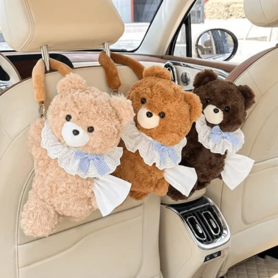 车载纸巾盒收纳盒，精美汽车装饰，毛绒纸巾盒套，适用于汽车、家居，浴室梳妆台、床头柜、办公桌等，装饰收纳盒/整理架 - 小熊造型，汽车必备用品
