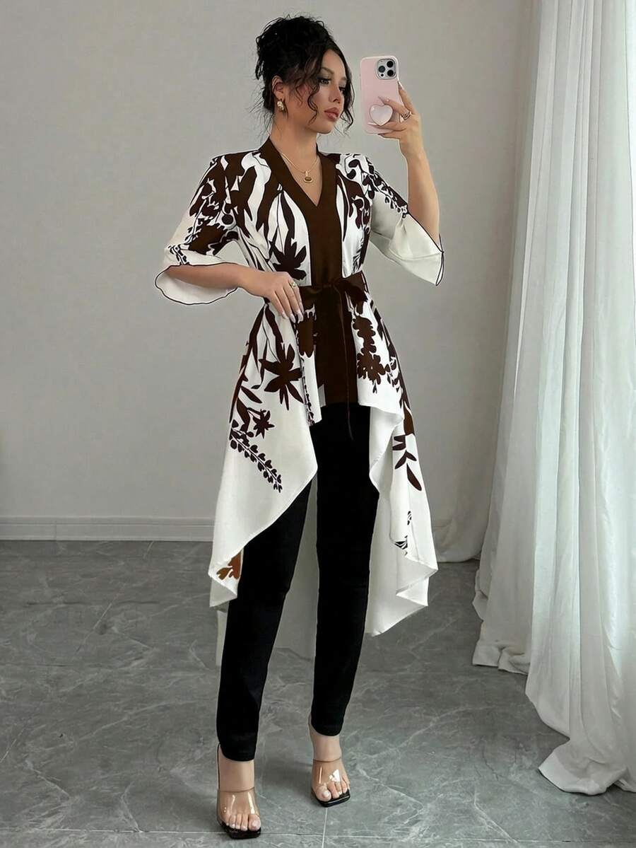 对称印花黑米色短袖收腰鱼尾下摆优雅法式衬衫，夏季 - 深棕色 - 查看 1