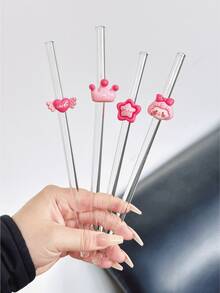 Pink Series Glass Straws, Transparent Smoothie, Bubble Tea, Juice, Milk, Cocktail, Cold Drink Party Straws With Pink Rabbit, Heart, Star, Crown Bent Glass Straws, Reusable - Pink Series Straws - View 6