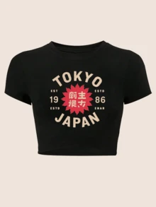 Women's Tokyo Japan 1986 Graphic Crop Top T - Shirt | Short Sleeve Fitted Retro Japanese Print | Stylish Casual Streetwear Summer Daily | Comfortable Cotton Blend - màu đen - Xem 1