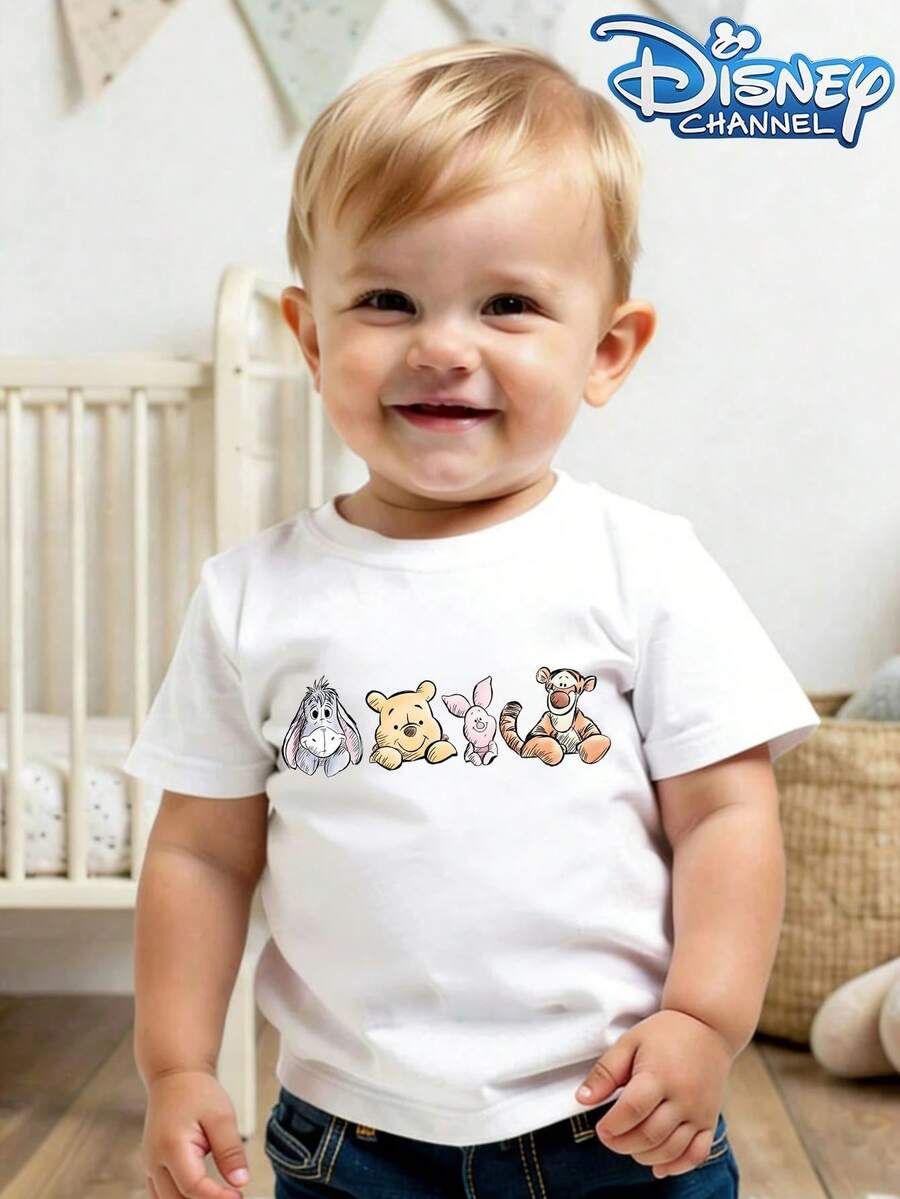Disney Winnie The Pooh And Friends Pattern Boys' And Girls' Casual Simple Short-Sleeve Crew Neck T-Shirt, Suitable For Summer Wear. - 白色 - 查看 1