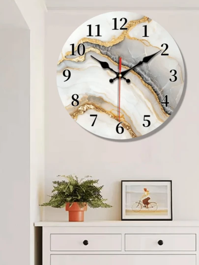 1pc 10"/12" Elegant Silent Marble Texture Wooden Wall Clock - Modern Home Decor With Gold Accents, Suitable For Living Room, Bedroom, Kitchen, Office - Battery Operated (AA Batteries Not Included) Wall Clock