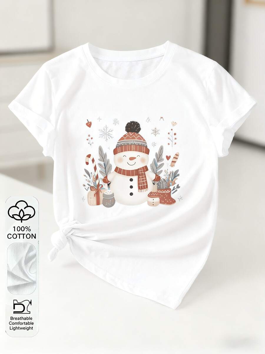 Camiseta de manga corta con estampado de muñeco de nieve, 100% algodón. - Blanco - Ver 1