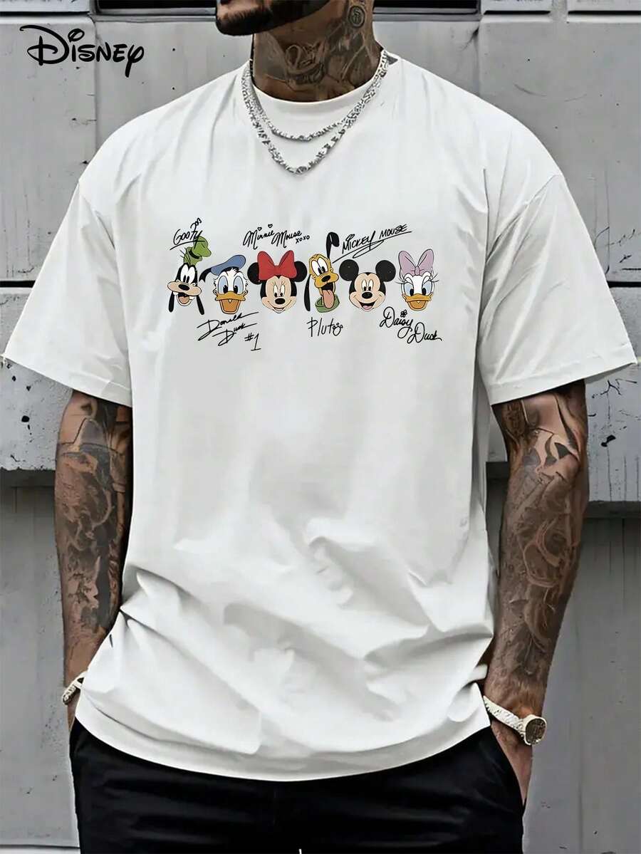 Disney Mickey Mouse And Friends Signed Cotton T-Shirts-Donald Duck, Proto And Goofy Patterns, White Short-Sleeved Round Neck Casual Summer Shirt, Machine Washable, Cartoon Design, Comfortable. - trắng - Xem 1