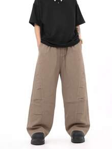 1 pieza Nuevos pantalones vaqueros de trabajo informales de pierna ancha y plisados para primavera/verano, pantalones casuales de algodón 100% caqui (excepto cinturones y accesorios) - Caqui - Ver 3