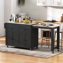 Kitchen Island Table With Wheels, Sliding Dining Table, Kitchen Island Table With Countertop And Drawers, Freestanding Mobile Kitchen Island Table, Ideal For The Kitchen And Dining Room (+ Natural Tones) - Black - View 2