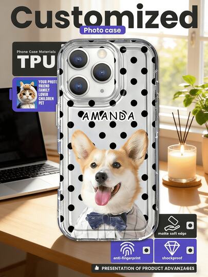 Anpassa ditt husdjurs bedårande foto + smeknamn, valbar prickig färg + transparent mjukt TPU-skal, fallskyddande, fingeravtrycksskyddande, gulnar inte, kompatibel med iPhone 13/11/17/16/14/15/15pro/15 Plus/15 Promax/7plus/8plus/X/Xs Max/Xr/11pro/12pro/13pro/14pro/12mini/13mini/11promax