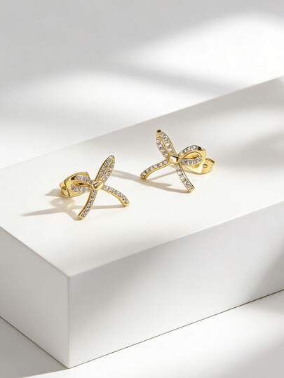 Women's Gold-Plated Bowknot Earrings, Fully Inlaid With Zirconia, Minimalist Elegant Design, Suitable For Daily Commute And Workwear, An Ideal Gift For Fashion Enthusiasts