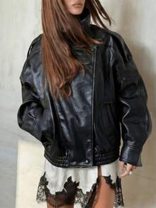 2026 Fall Winter PU Leather Women Black Clothes For Women Halloween Christmas Vintage Elegant Zip Up High Neck Ladies Coats Valentine's Day Carnival Party Vacation Casual For Women Coats - Black - View 9