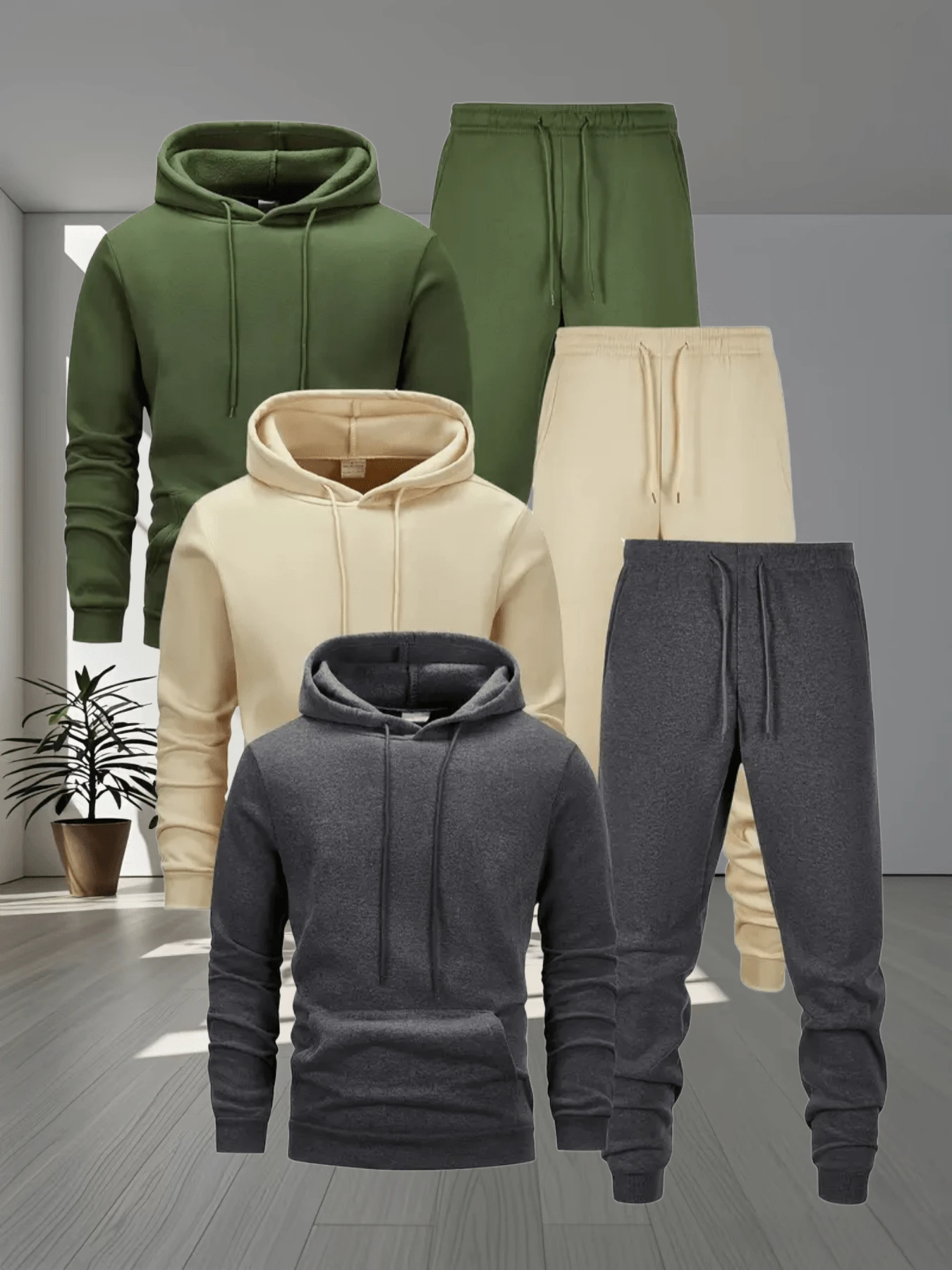 VIHE [6-Piece Set] Men's Fall & Winter Casual Sport Hoodie And Jogger 6-Piece Set – 3 Hoodies (Black, Gray, Red) + 3 Sweatpants With Drawstring Waist, Soft Fleece-Lined Warm Tracksuit For Daily Wear, Lounging, Workouts, Outdoor Adventures, And All-Day Comfortable Stylish Outfits - 彩色 - 查看 1