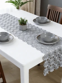 HXARTMIS 1PC, Exquisite European Style Lace Chrysanthemum Table Runner, Grey Polyester Table Dust Cover.Heat Resistant And Easy To Clean. Suitable For Home, Restaurant, Hotel And Coffee Shop. Ideal For Wedding & Party Decorations, Perfect For New Year, Birthday And Other Themed Festival Decorations. - Grey - View 4
