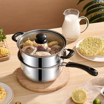 Stainless Steel Double Layer Small Steamer Pot With Glass Lid, 1 Pot +1 Steamer + 1 Glass Lid- Versatile For Induction, Gas & Electric Stoves - Perfect For Cooking At Home Steamer For Cooking Size 17.5cm/6.89in Pot Mouth Diameter