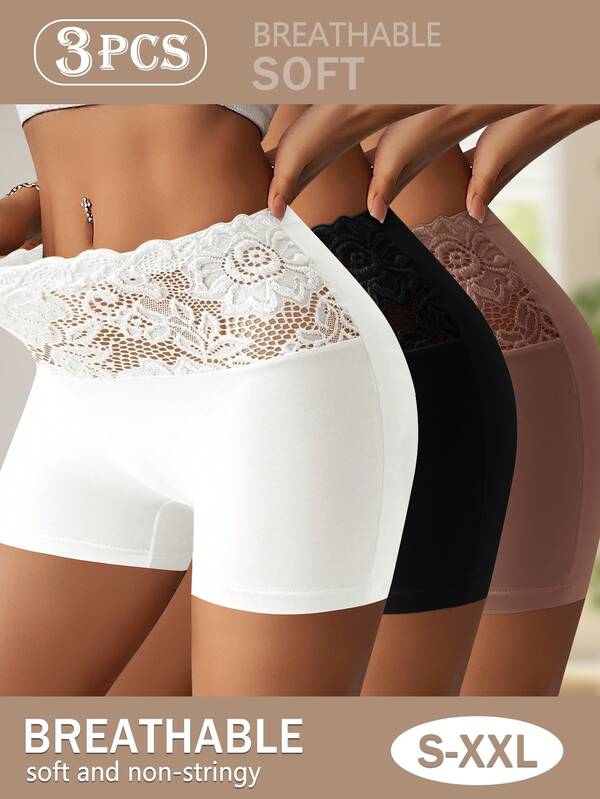 QUASTI 3pcs Women's Lace Print Briefs, Comfortable & Skin-Friendly, Curve-Hugging, Anti-Chafing, Great Gift Choice