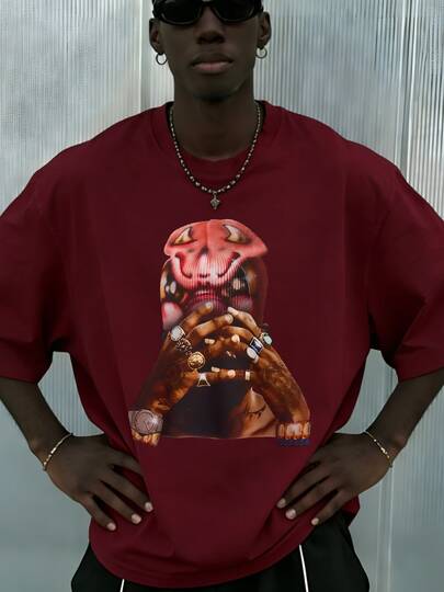  Fractyr 男士时尚休闲街头风宽松短袖T恤 | 饰有祈祷之手、十字架和美元符号元素 | 精致设计 | 春夏必备 | 基本款、复古风、百搭易穿、棉质触感 | 送给朋友的完美礼物 | 展现您的个人风格。