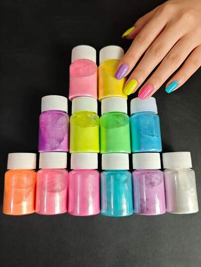 Dofuny 12 Bottles Neon Metallic Mirror Pearl Nail Powder, Suitable For Nail Gel, DIY Manicure, Handmade Soap Coloring, Mica Mineral Cosmetic Powder