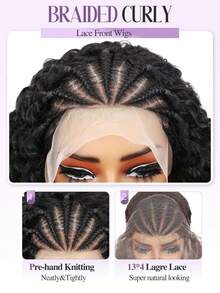 13x4蕾丝前假发，编织真人发假发，编织波波头假发，女士非洲卷发真人发假发，预拔毛透明蕾丝 - Natural Black - 查看 6