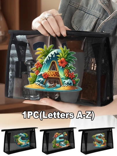 Black Mesh Makeup Bag With Tropical Element Letter A-Z Print, Multifunctional Makeup Bag, Beaches And Oceans, Storage Portable Storage Bag, Makeup Bag, Skincare Bag, Travel Essentials, Dormitory Supplies, Bathroom Supplies, Sunscreen, Jewelry Storage, Lip Oil And Cosmetics Storage Bag, School Supplies Bag, Holiday Supplies Makeup Bag, Cosmetics Storage, Wedding Bride Gift, Mother Gift, Birthday Gift, Friend And Teacher Gift, Valentine'S Day Gifts