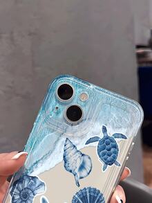 1pc Blue Gradient Wave & Beach Healing Sea Turtle, Seashell, Starfish Pattern Transparent Soft Phone Case, Anti-Slip Anti-Drop Anti-Yellow Lightweight Full Coverage Soft Shell Compatible With Apple Phones - Multicolor - View 4