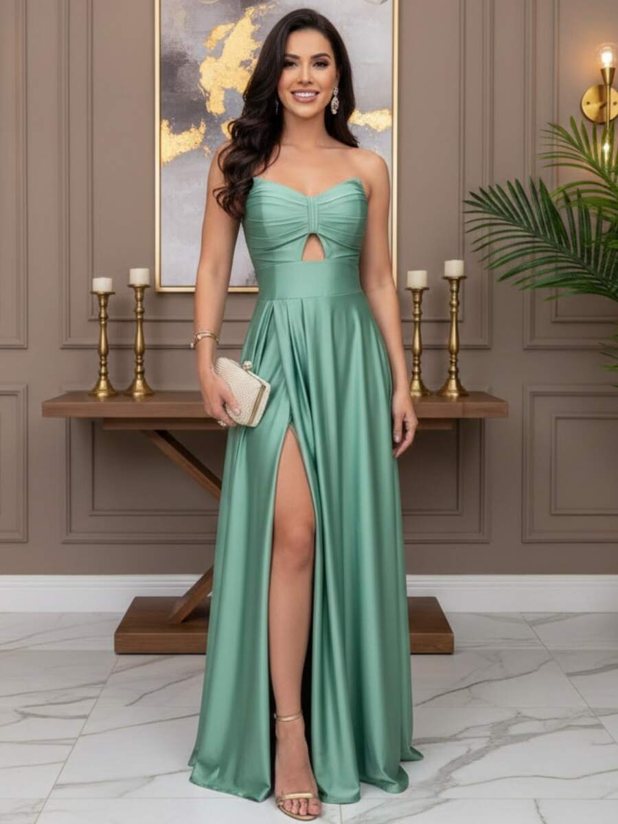 Elegant Strapless Wedding Bridesmaid Dress - 橄欖綠 - 查看 1