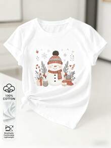 Camiseta de manga corta con estampado de muñeco de nieve, 100% algodón. - Blanco - Ver 10