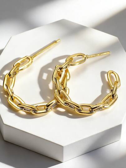 Women's Gold-Plated Chain C-Shaped Earrings, Fully Inlaid With Zirconia Stones, Minimalist Elegant Design, Suitable For Daily Commute And Workwear, An Ideal Gift For Fashion Enthusiasts