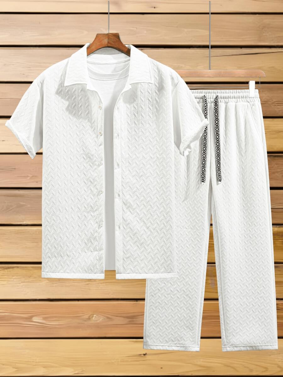 Bộ 2 món đồ nam mùa hè, áo sơ mi ngắn tay dáng suông có cổ và quần dài cạp chun, chất liệu vải họa tiết thời trang. - trắng - Xem 1