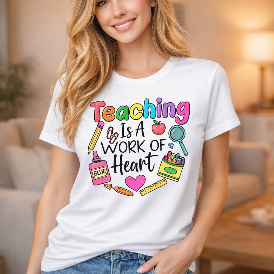 1PC Women's Teaching Is A Work Of Heart Teacher T-Shirt For Women And Men, Cotton Graphic Tee With Colorful School Supplies Design, Unisex Casual Top For Teachers And Education Lovers Fast Shipping! Women's Casual And Stylish Short-Sleeved Printed T-Shirt. - 白色 - 查看 1