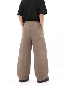 1 pieza Nuevos pantalones vaqueros de trabajo informales de pierna ancha y plisados para primavera/verano, pantalones casuales de algodón 100% caqui (excepto cinturones y accesorios) - Caqui - Ver 6