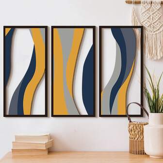 1 套 2D 现代抽象几何木质长方形墙饰，动态镂空波浪线营造出亮黄色、蓝灰色和灰色的色彩碰撞，是现代客厅和卧室的简约墙面装饰，也是墙面的艺术装饰，个性化礼物，房间装饰和家居装饰。