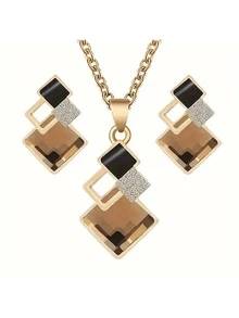 1 đôi bông tai và 1 bộ vòng cổ trang sức cổ điển với thiết kế hình vuông lấp lánh, màu rượu sâm panh, hoàn hảo cho trang phục hàng ngày và trang trí tiệc của phụ nữ - Rượu sâm banh - Xem 5